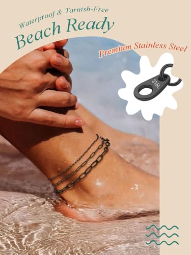 Image of FaithHeart Waterproof Ankle Bracelets for Women, 1 /2 /3Pcs Non Tarnish Stainless Steel Layered Anklet Set Paperclip Figaro Cuban Link Chain Dainty Summer Beach Jewelry Gift Adjustable Size