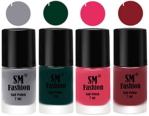 Image of Nail Polish Combo Set (Pack of 4) Quick Dry Gel Finish Nail Paint | Gray,Dark Green,Dark Rose Pink,Plum | 7 ml Each