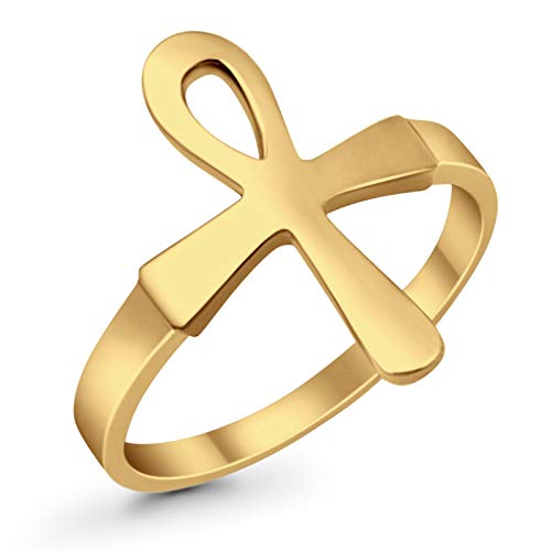 Blue Apple Co. Yellow Tone, Sterling Silver Size-7 Dainty Petite Egyptian Vintage Design Simple Plain Ankh Ring Round 925 Sterling Silver #TOP28