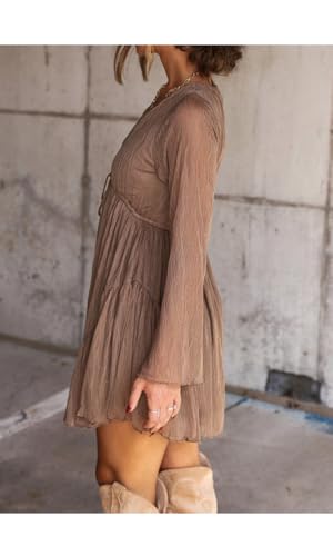 Womens Casual Long Sleeve Babydoll Dress for Party Fall 2025 Texture Mesh Swing Mini Beach Vacation Flowy Dress3