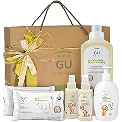 Canastilla Ecológica para Bebé Recién Nacido - Incluye 2 pack de Toallitas, Gel de Baño, Crema Hidratante, Crema de Pañal y Detergente para Ropa - Regalo ideal para Padres Primerizos - Gu Planet
