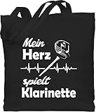 Jutebeutel Stoffbeutel Stofftasche Baumwolltasche - Musik Instrument Zubehör - Mein Herz spielt Klarinette - Unisize - Schwarz - baumwollbeutel schwarz spruch - WM101