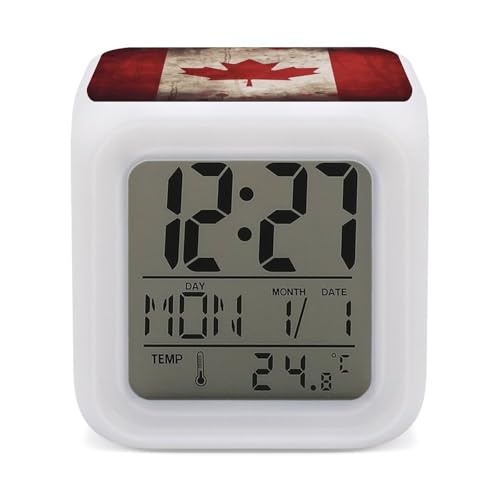 TKJMCSW 7 Color Change LED Digital Alarm Clock with Snooze Calendar Temperature Display Retro Canada Flag Wake Up Clock Battery Operated Bedside Lamp Night Light for Bedroom Decor
