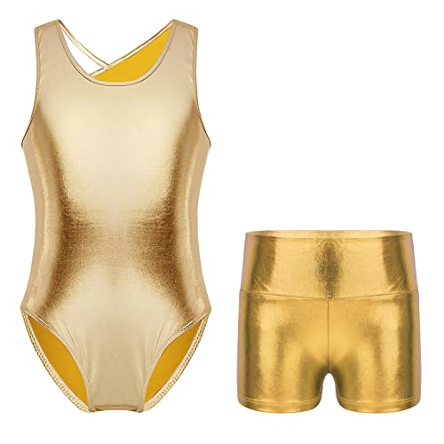 Runhomal Justaucorps de Gymnastique Fille Enfant Métallique Brillant Or Leotard Short Tenue Gym Patinage Combinaison Danse Compétition Ballet Spectacle 5-14 Ans Or 9-10 Ans Cover