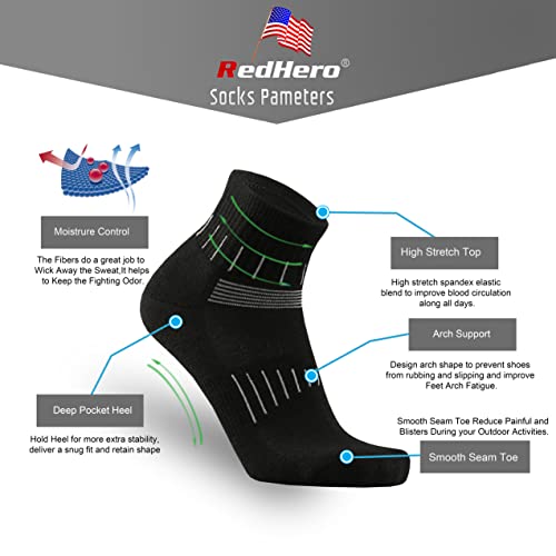 Redhero Men's Merino Wool Cushion Low Cut Quarter Socks For Outdoor Hiking Trail Running Light Performance Moisture Control(Black L) #TOP3