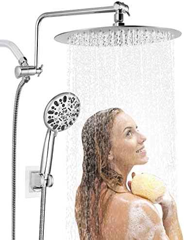 12” High Pressure Rainfall Shower Head, Metal Waterfall Showerhead with Handheld Combo, 12'' Adjustable Shower Extension Arm, Adhesive Showerhead Holder, Extra Long Hose, Chrome