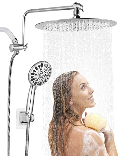 12” High Pressure Rainfall Shower Head, Metal Waterfall Showerhead With Handheld Combo, 12'' Adjustable Shower Extension Arm, Adhesive Showerhead Holder, Extra Long Hose, Chrome #TOP1