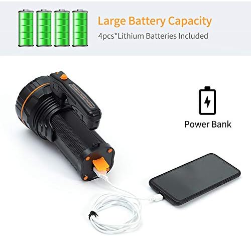 MAYTHANK Super Bright Powerful LED Torch Light Rechargeable Flashlight Big 4 Batteries 10000mah Heavy Duty Spotlight Hand held Searchlight High Power Portable Outdoor Waterproof Camping