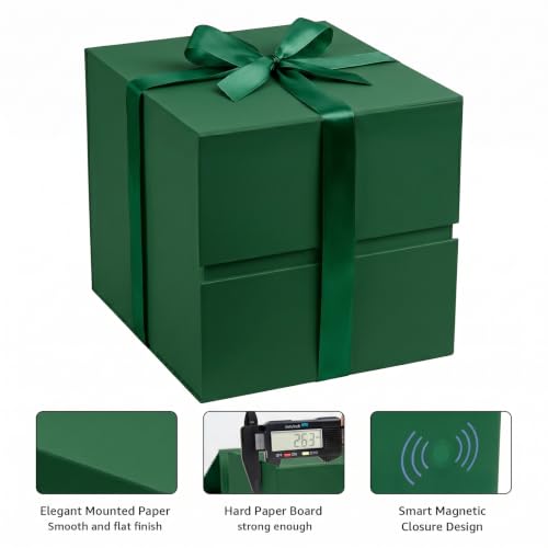 Image of LIFELUM Dark Green Cube Gift Box with Lid 8.6 x 8.6 x 8.6 inch, 1 Pack Magnetic Gift Box Contains Card, Ribbon, Shredded Filler for Wedding, Christmas, Birthday Presents