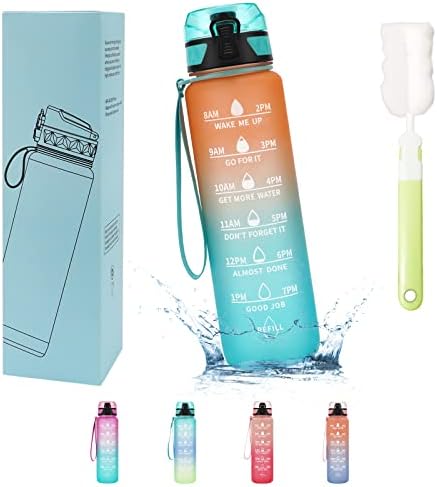 Nyuevo 1L Motivational Water Bottle, Leakproof Drinking Bottle, BPA Free Sport Water Bottle Made of Tritan, High Temperature Resistant, with Time Marker for Fitness and Outdoors (Blue-Green)