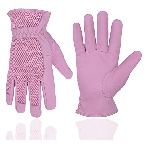 HLDD HANDLANDY Women Gardening Gloves with Grip, Leather Work Gloves for Women, 3D Mesh Breathable Rose Garden Gloves (Large, Pink) Cover