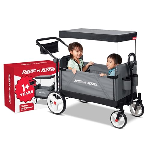 Radio Flyer City Luxe Stroll ’N Wagon, for Ages 1+, 3-in-1 Push or Pull, with Bench Mode, Easy Fold, UV Canopy, 5-Point Harnesses, Front Caster Wheels & 12' Rear Wheels, Stroller Wagon for Kids