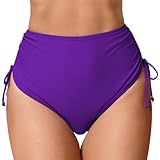 JOYBIK Women's High Waisted Full Coverage Bikini Bottoms Tummy Control Adjustable Drawstring Swim Bottoms Purple S