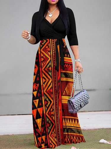 Image of PinkPatty Plus Size Maxi Dresses for Women Casual Flowy Long Dress 3 /4 Sleeve V Neck Wrap Dress with Belt