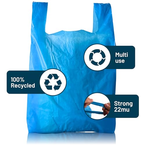 PWgoods 100% Recycled Plastic Carrier Bags, Blue, Large 11 x 17 x 21, Heavy Duty 22mu, 400 Pack, Easy Tie Handles - Image 3