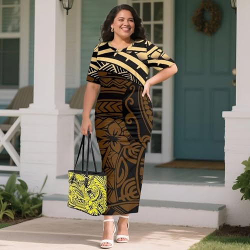 Image of Puletasi Samoan Traditional 2 Piece Outfits for Women Short Sleeve Crop Top and Maxi Skirt Sets Puletasi Dress