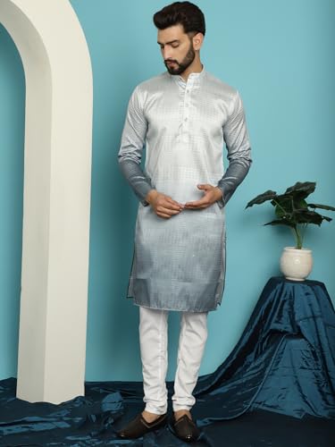 Image of SOJANYA (Since 1958, Men's Jacquard Silk Multi Shade Sequinned & White Pyjama Set