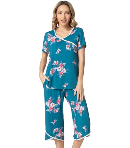 Image of NACHILA Bamboo Viscose Pajamas for Women Lace V Neck Capri Pants Pjs Set