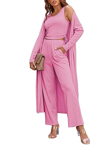 Image of Ekouaer Women's 3 Piece Lounge Set Pajama Long Sleeve Cardigan Sleeveless Top Pants Sweatsuit S-XXL