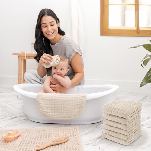 Image of Comfy Cubs Muslin Baby Washcloths 6 Pack - Soft 6-Layer Cotton Wash Cloths for Sensitive Skin - 10 inchx10 inch Large, Gentle, Absorbent Infant Essentials for Newborn and Toddlers - Sand