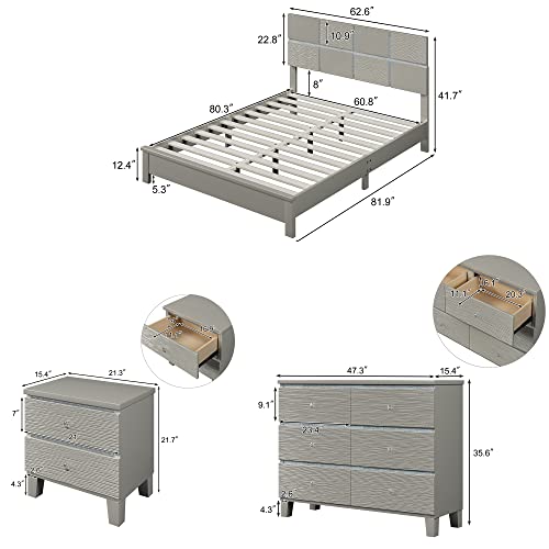 3 Pieces Platform Bed Set, Solid Wood Bedroom Sets With Queen Size Platform Bed, 6 Drawers Dresser And Nightstand (Champagne Silver) #TOP2