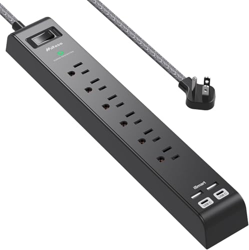 Flat Plug Extension Cord, Surge Protector Power Strip 5 ft with 4 USB Ports 2 USB-C 6 AC Outlets, USB Charging Station, Wall Mountable for Home, Office, Dorm Essentials, 1080J, ETL Listed, Black by mifaso - Used condition - CA$22.51