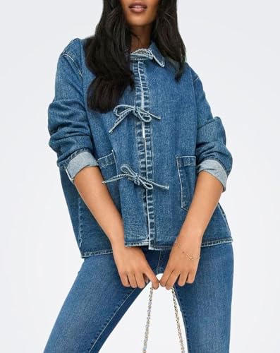 Womens Tie Front Jean Jacket Lightweight Casual Loose Long Sleeve Denim Shacket Coat with Pockets4