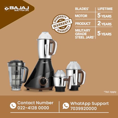 Image of Bajaj Armor Series QuadraMax 1000W Mixer Grinder | 4 Jars | DuraCut Blades | Military Grade Jars | 2 Yrs Warranty 【Black /Chocolate】