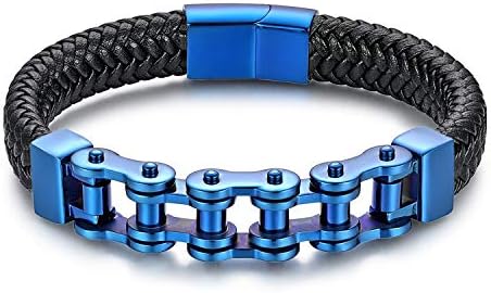 JewelryWe Leren armband voor heren, roestvrij staal, fietsketting, gevlochten leer, vrijmetselaars, farao, doodshoofd, motorfiets, cadeau voor mannen, 18 centimeters, Leer