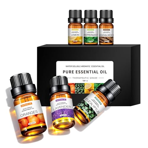 6-Pack Essential Oils Set - Sandalwood Sweet Orange Lavender Eucalyptus Lemon Mint - 100% Pure Therapeutic Grade Aromatherapy Oils for Diffusers & Home Fragrance - 10mL Each