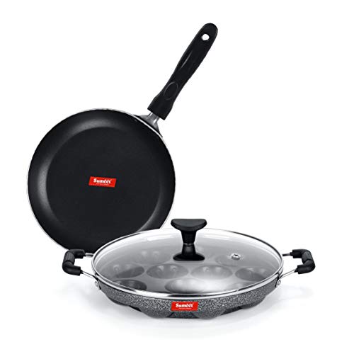 Image of SUMEET Aluminium NonStick Striae Bro Cookware Set (Silver , Tapper Pan - 0.6Ltr - 20Cm, Grill Appam Patra with Glass Lid - 12 Cavity - 22cm Dia)
