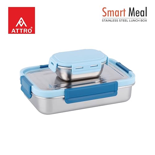 Image of ATTRO Smart Meal Big Stainless Steel Lunch Box with 1 Small Container Airtight Spill-Proof BPA Free Food Grade Ideal for Office, School, Picnic, 950ml+170ml- Blue