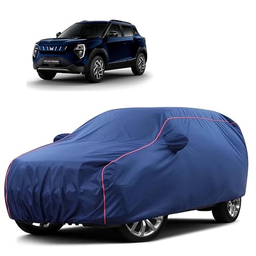 Image of Sulfar 100% Water Resistant Car Body Cover Compatible with Mirror for Mahindra XUV 3XO EV (Triple Stitched, Full Bottom Elastic, Blue Tafetta with Red Piping)