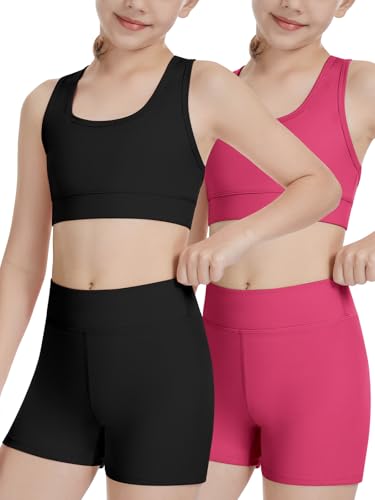 Femdouce 2 Piece Girls Workout Outfits Crop Tank Tops and Yoga Shorts Sets for Athletic Dance Run Cheer Size 5-16 Black/Rose11-12