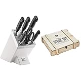 ZWILLING Selbstschärfender Messerblock, 7 teilig, weiß, Vier Sterne & 07150-359-0 Steak Besteckset in rustikaler Holzbox, Edelstahl, 12-teilig