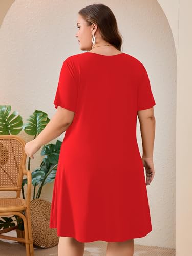 Image of AusLook Plus Size Midi Dress for Women Short Sleeve V Neck Criss Cross A Line Summer Casual Vacation Sundresses with Pockets