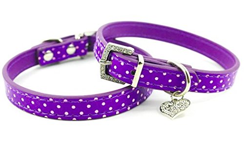 Pet Palace® - Collare in pelle poliuretanica "Spotty Dog" con diamanti sulla fibbia e ciondolo a forma di cuore tempestato di strass, luce di sicurezza a forma di osso