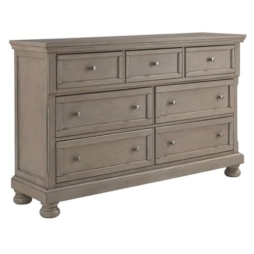Image of Signature Design by Ashley Lettner Dresser for Bedroom, 7 Drawer Burnished Gray Chest, 65-Inch Wide Traditional Style, Hidden Storage for Small Valuables, Light Gray