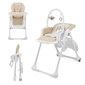 Kinderkraft TUMMIE Trona Bebé, 2 en 1, trona para niños, trona combinada, Asiento desde los primeros meses de vida, reposapiés, Posición tumbada, con juguetes, ajustable, Beige