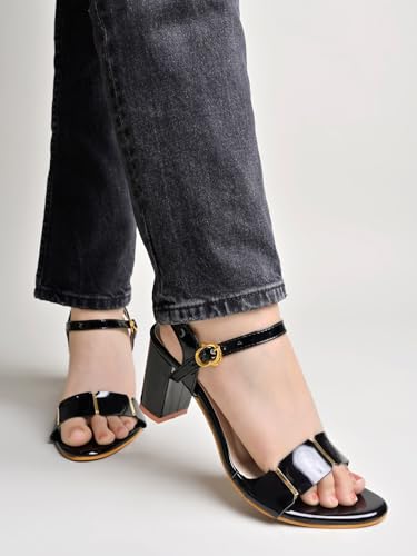Image of Shoetopia Elegant Heeled Sandals for Women ||Ankle Strap Chunky Block Heels with Gold Accent - Open Toe Dress