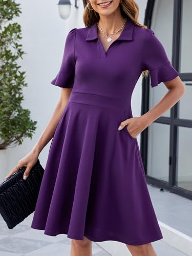 Image of Mokayee Womens Summer Ruffle Sleeve Collared V Neck Fit and Flare Elegant A line Swing Dresses with Pockets