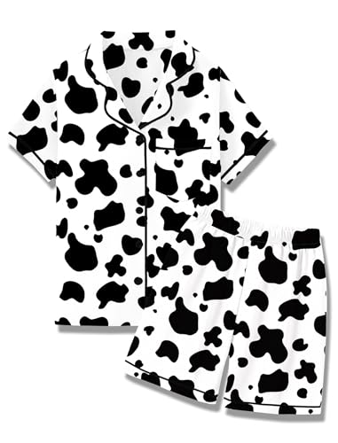 Mikrdoo Girls Pajamas Satin Pajama Set Silk Pjs Short Sleeve Sleepwear for Kids 2 Piece Cow Lounge Sets Size 11-12 Years