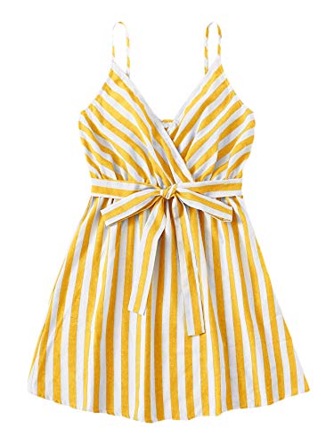 Romwe Women s Cute Sleeveless Striped Belted Wrap Summer Cami Tank Mini Dress Yellow Large