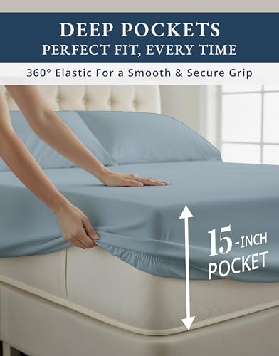 Image of LANE LINEN King Sheets 100% Egyptian Cotton Sateen - French Blue | Cooling Sheets King Size - 4-Piece Set, For A Luxurious Night's Sleep, For A Silky Hotel-Style Bed, Luxe Sheen,