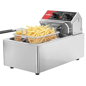 CROSSON Elektrische opzetfriteuse met gemakkelijk te reinigen roterende friteuse kop, timer 30 minuten, afneembare olietank 304 SS met handvat (6 l enkele tank)