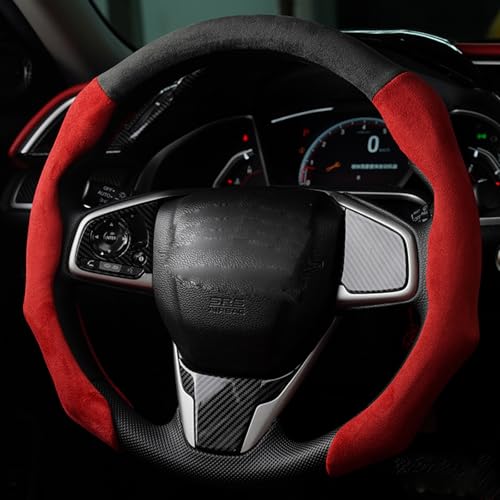 Quick Install Sporty Suede Leather Steering Wheel Cover Wrap with Red Top Trim Universal fit Any 14 ½” to 15” Car SUV Pickup Steering Wheel