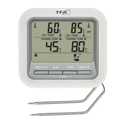 TFA Dostmann Digitales Grill-Thermometer Bratenthermometer, 14.1516, mit 2 Edelstahlsonden, Fleischthermometer für Backofen und Grill, bis 300°C, mit Alarmfunktion, Rind/Schwein/Hühnchen/Fisch, weiß
