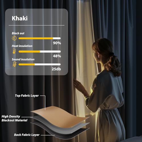 Image of Room Divider Blackout Curtains Flexible Sliding Tracks Sets Ceiling Mounted Rod Window Curtain Privacy Separation for Bedroom Living Rooms,1 Panel Khaki Drape and Black Track Set-W108xH108 in