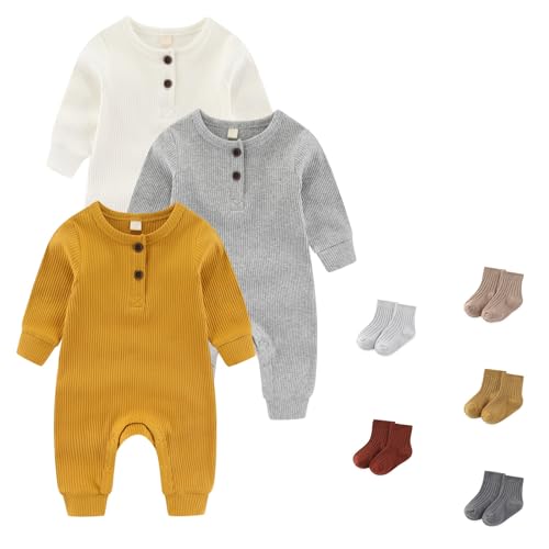 Image of JELYLOVE Unisex Long Sleeve Baby Romper And Sock Solid infant Boy Girl Jumpsuits 0-24Months New Born Outfits