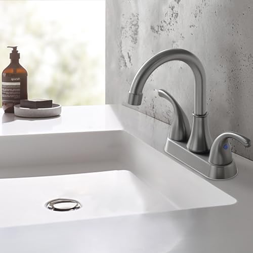Image of Bathroom Sink Faucet FRANSITON 4 Inch 2 Handle Lead-Free Brushed Grey Bath Sink Faucet with Pop-up Drain Stopper and Supply Hoses